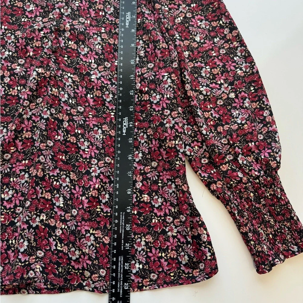 Aqua Floral Smocked Sleeve Top V- Neck Long Sleeve Pullover Small - Picture 5 of 10